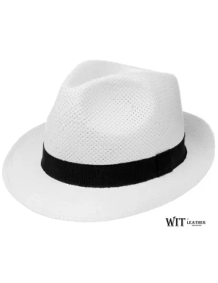 Biały kapelusz słomkowy trilby, lekki oraz przewiewny. Witleather.pl