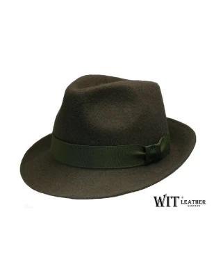 Kapelusz Myśliwski trilby w kolorze zieleń melanż ozdobiony taśmą. Witleather.pl