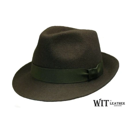 Kapelusz Myśliwski trilby w kolorze zieleń melanż ozdobiony taśmą. Witleather.pl