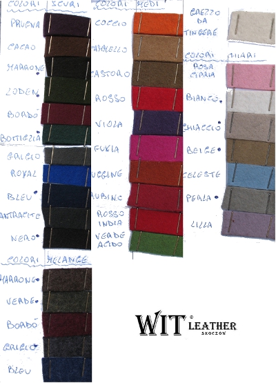 Karta kolorów filcu dla zamówień hurtowych – próbki w odcieniach ciemnych, średnich, jasnych i melanżowych z logo WIT Leather