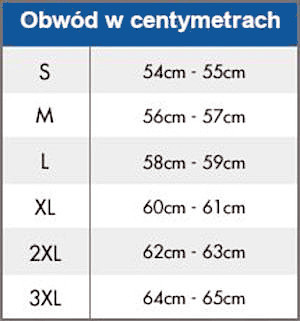 Tabela polskiej rozmiarówki kapeluszy: rozmiary S–3XL i odpowiadające im obwody głowy od 54 do 65 cm