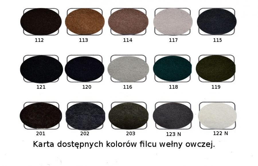 Karta dostępnych kolorów filcu z wełny owczej WITLEATHER – próbki o numerach 112–121, 201–203, 122 N i 123 N